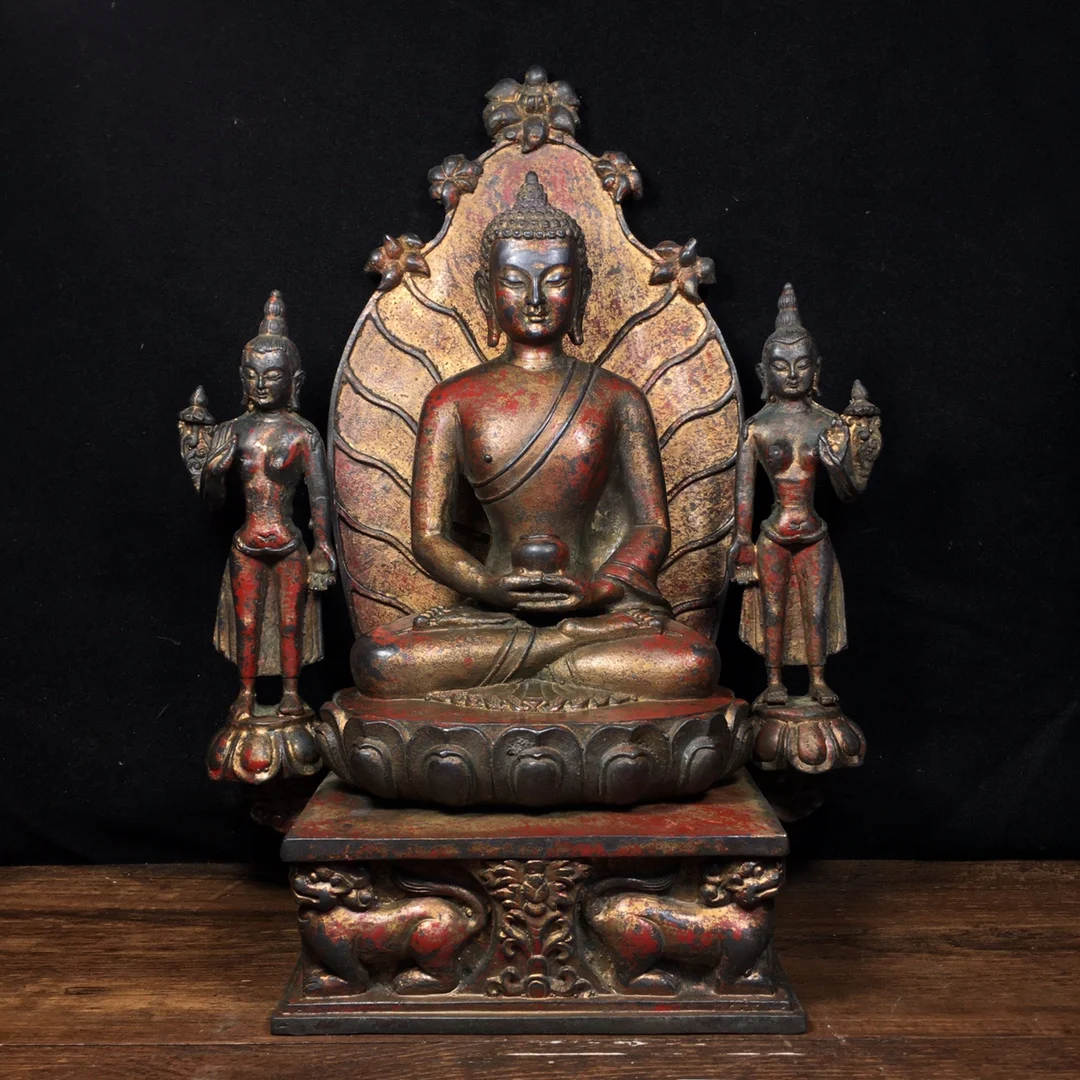 

13"Tibetan Temple Collection Old Bronze Cinnabar Lacquer Northern Wei Buddha Sakyamuni Medicine Buddha Sitting Buddha