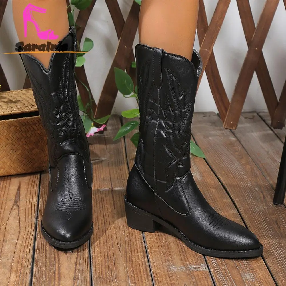 

SaraIris 2023 New Fashion Western Boots Vintage Embroidery Mid Calf Boots Pointed Toe Simply Causal Black Solid Cowboy Boots