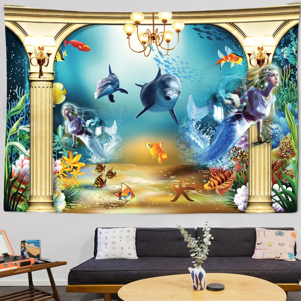 Подводный гобелен с изображением животных мира настенное украшение в стиле бохо
