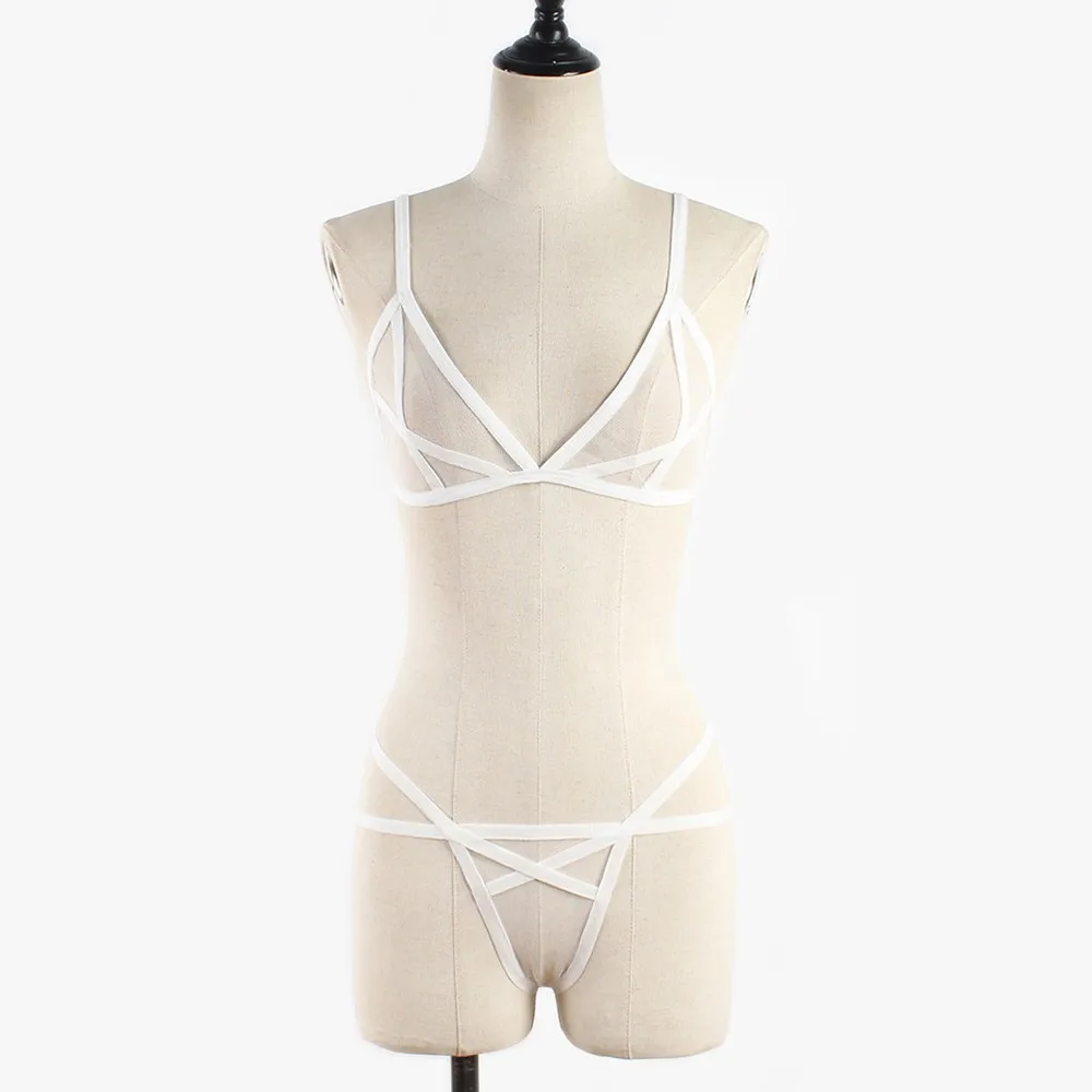 

M-2XL Bra Set Mesh Nightwear See-through Set Sexy Spandex Thong Underwear Womens Bandage High Quality Practical