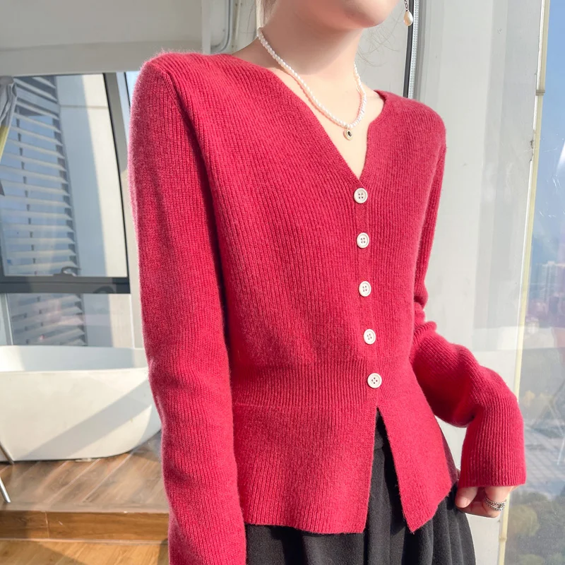 Однотонная Корейская блузка на пуговицах с V-образным вырезом новинка кардиган в