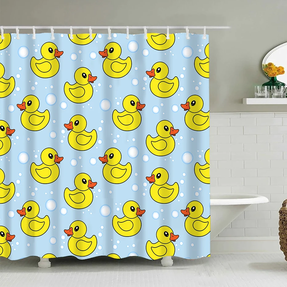 

Cartoon Shower Curtain for Kids Baby Bathroom Decor Happy Rubber Duck and Bubbles Theme Art, Fabric Bathroom Curtain with Hooks