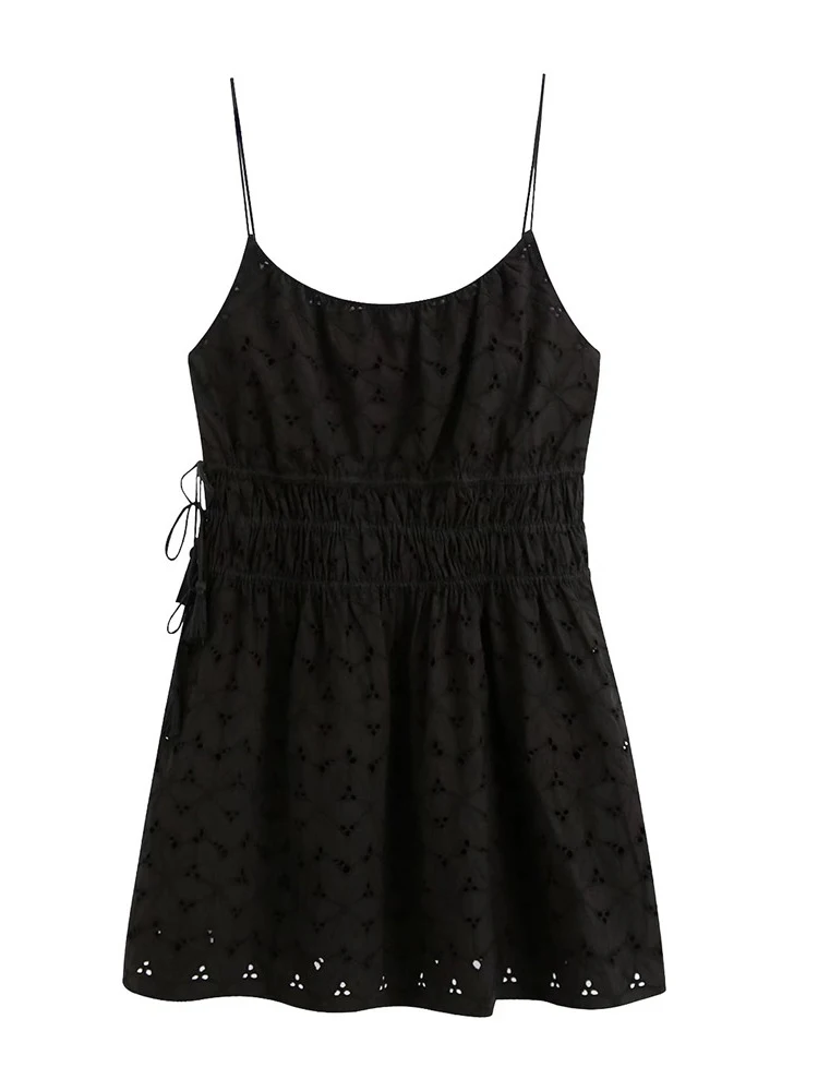 

Evfer Womens Fashion Embroidery Hollow Out Black Summer Mini Dress Girls Elegant Elastic High Waist Bow Dress Ladies Sling Dress