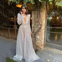 sexy v neck long sleeves sequined illusion prom gowns 2022 women new arrival a line glitter open back evening party dresses