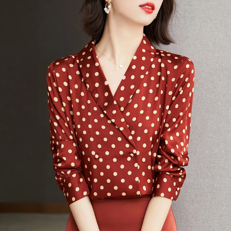 

Satin Loose Women's Shirts New Fashion Blouses Casual Long Sleeve Top Polka Dot V-neck Spring