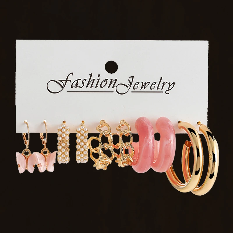 17KM Pearl Acrylic Dangle Earrings Set Geometric Butterfly Twist Hoop Earrings for Women Metal Gold Color Circle Trendy Jewelry