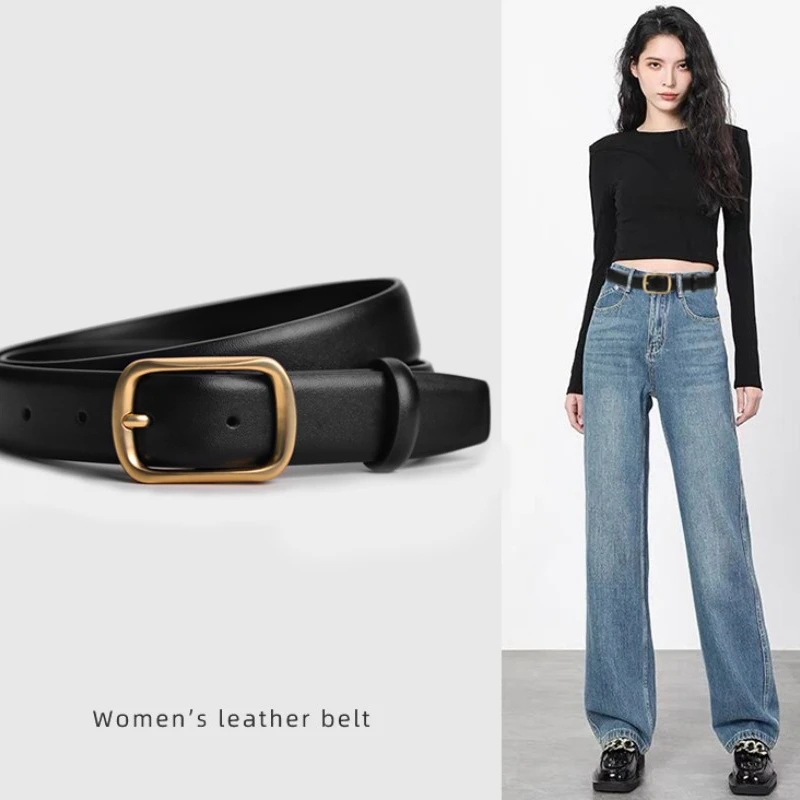 Women's Leather Belt Vintage and Versatile Jeans Simple and Practical Waistband Fashionable and Decorative Black Belt