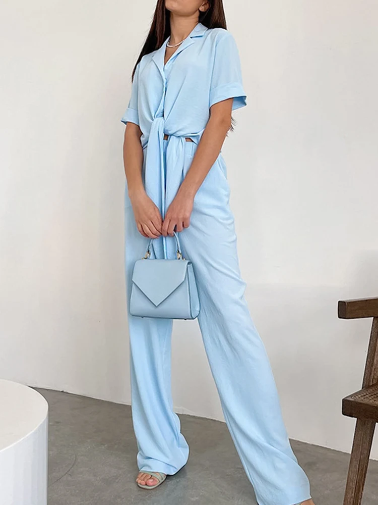 

Women Solid Casual Commuter Outfits Summer Lapel Short Sleeve Shirt Tops+High Waist Straight Long Pants Suit Fashion Summer 2pcs