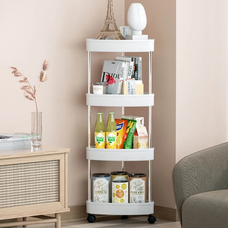 

Corner Shelf Plastic Kitchen Bathroom Triangle 3/4 Tier Storage Rack Rolling Cart with Wheels Slide Out Floor Shelves