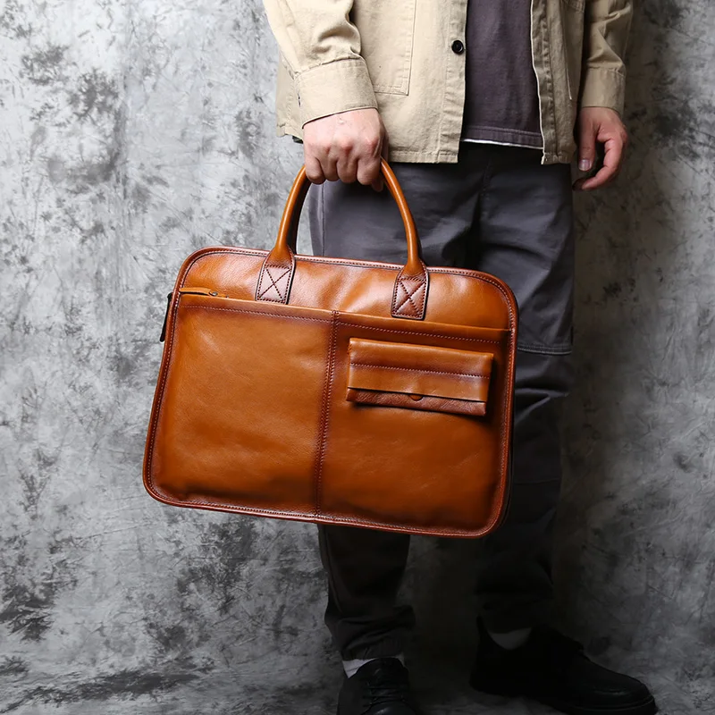 

Men's Leather Briefcase Retro Top Layer Cowhide Large Handbags European Office American Fashion Shoulder Computer Briefcase