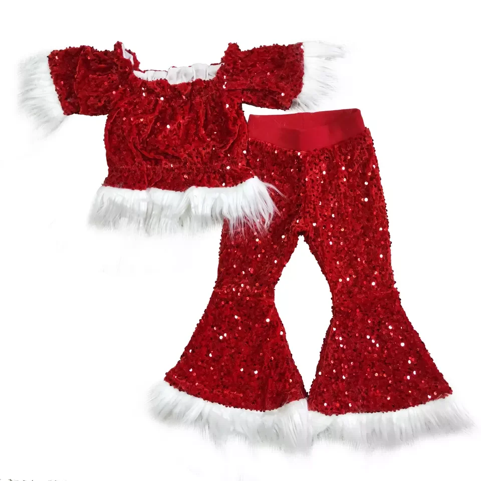 

Baby Girls Christmas Red Sequin Clothing Sets Bell Bottoms Flares Short Sleeve New Design Top Outfits for Kids In-Stock