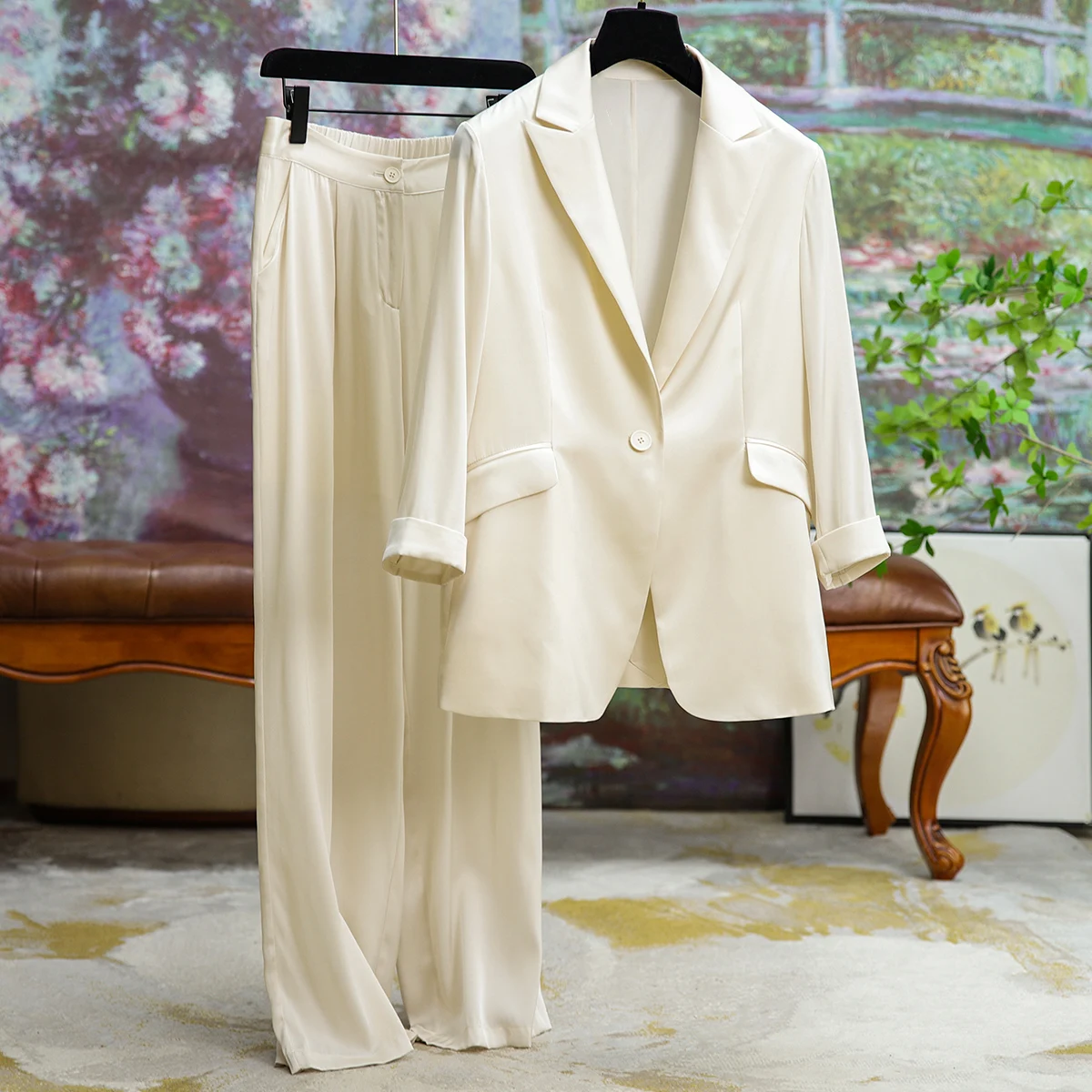 

Комплект JOCLOTH для женщин из высококачественного шелка, новинка, лето-осень, офисный женский однотонный топ и свободные брюки с высокой талие...