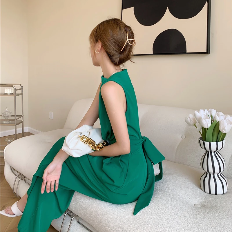 Summer Women's Elegant Jumpsuits Ladies Sleeveless Belt High Waist Wide Leg Pants Green Rompers Playsuits Female Outfit Overalls