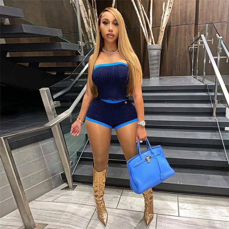 

Concise Fashion Ribbed Two Piece Set Women Solid Panelled Patchwork Wrapped Chest Crop Tops + High Waist Shorts Jogging Suits