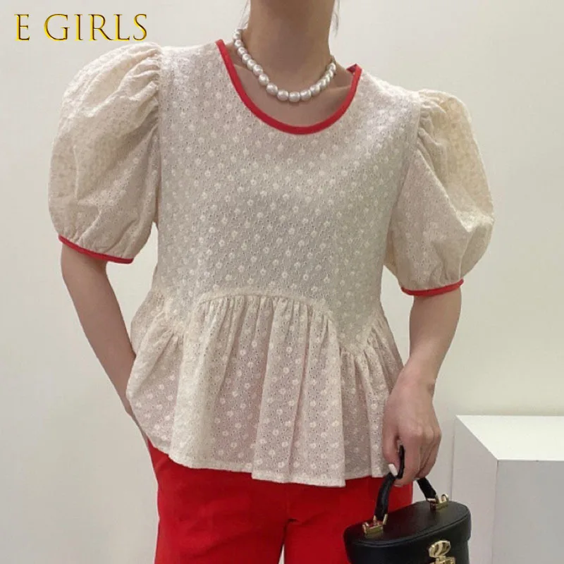 E GIRLS  Korea Chic Summer Floral Doll Shirt Causal O-neck Puff Sleeve Women Blouses 2022 New Fashion Sweet Ruffle Blusas Femme