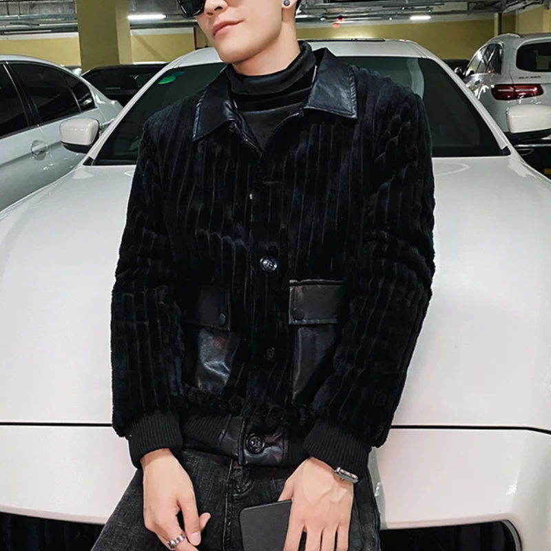 2022 Winter Corduroy PU Patchwork Jacket Men Fashion Streetwear Parka Jackets Lapel Slim Casual Business Overcoat Men Clothing