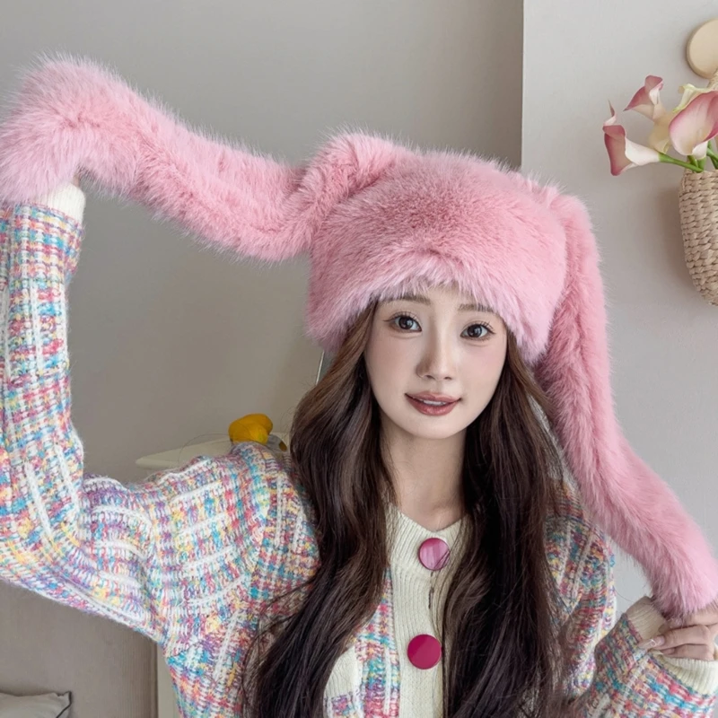 95AB Женская шляпа без полей с кроличьими ушками в стиле аниме пушистая плюшевая