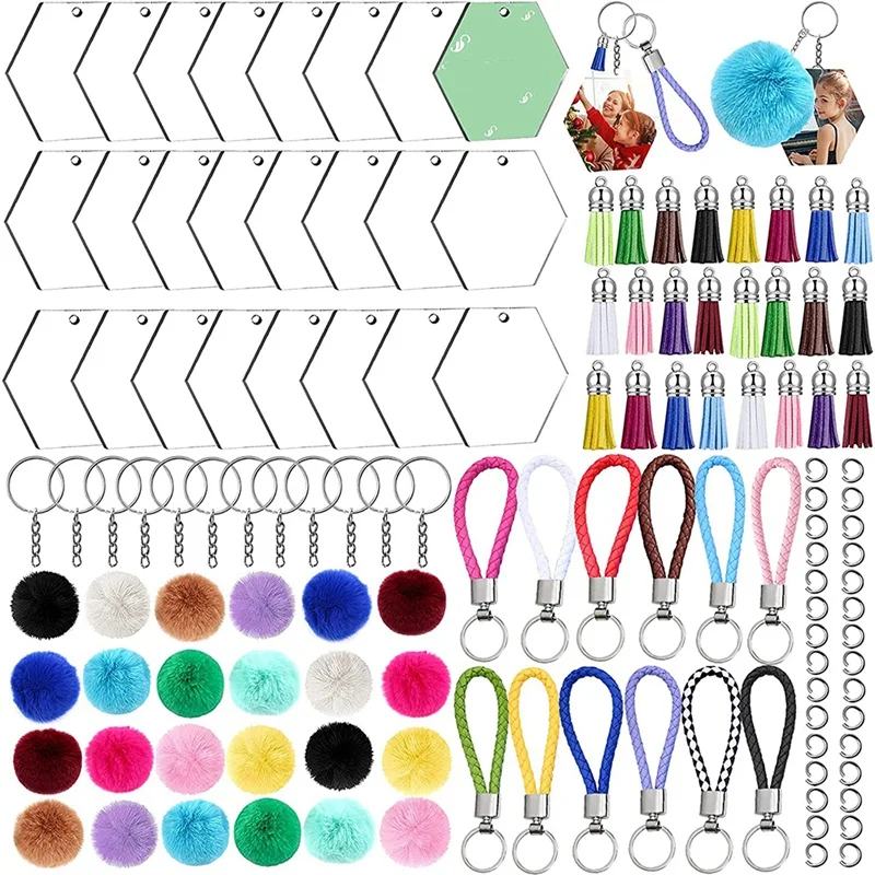 

126Pcs Acrylic Keychain Blanks Tassels, Transparent Acrylic Key Chain Embryo Accessories,For DIY Projects