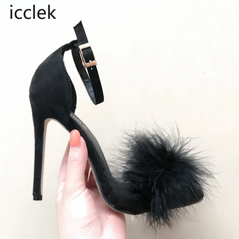 2023 Ladies Sandals Feather Super High Heel Sandals Open Toe Ladies Slippers Banquet Wedding Party Shoes Ladies Large Size 35-43