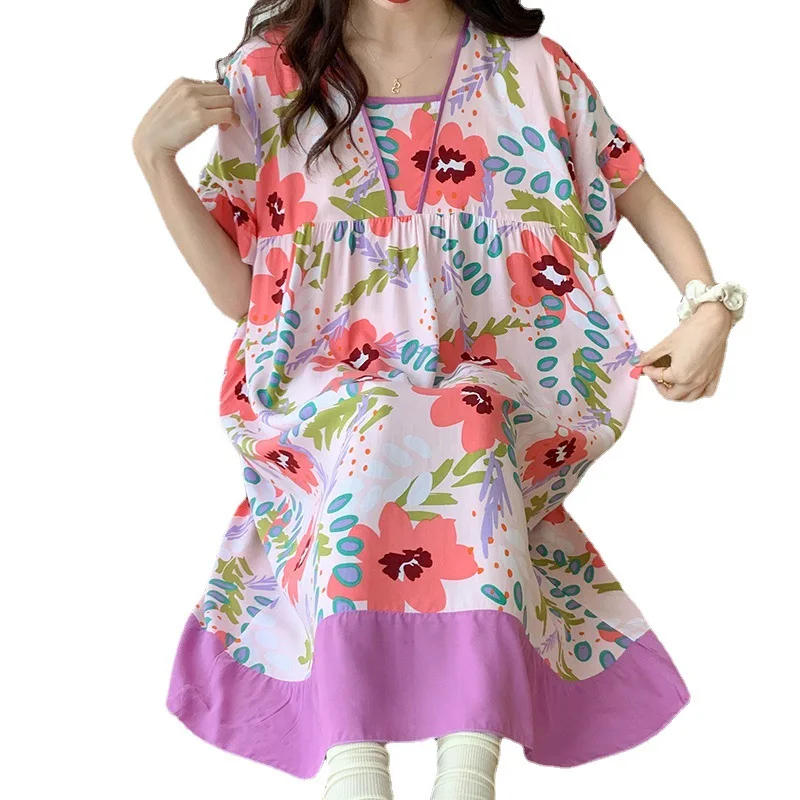 Summer Night Gown For Women Extra Large Short Sleeved Cotton Silk Nightdress Loose Nighty Dor Ladies