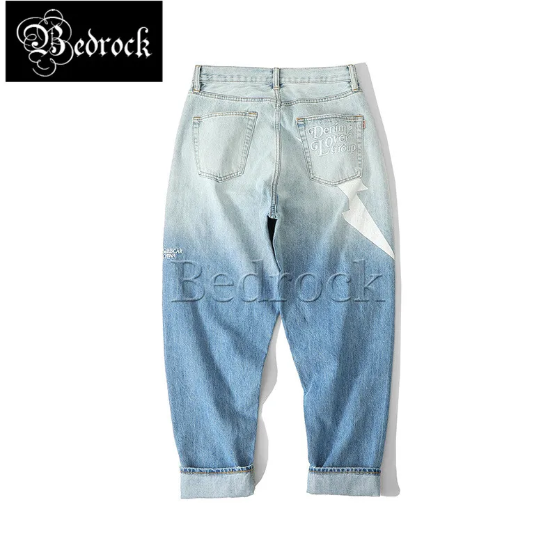 MBBCAR 14oz pencil pants street trend gradient color raw denim loose radish one washed lightning print jeans for men 7371