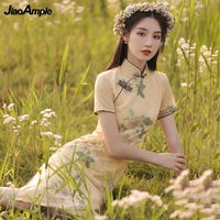 chinese style vintage graceful print cheongsam 2022 summer new split short sleeve womens dress lady elegant clothing