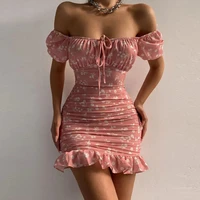 women dress sexy printed ruffles pleated stitching dress women fashion short sleeve slash neck off shoulder backless slim dress