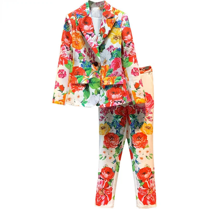 

blazer pant suits for women set office Lady sets clothes 2022 Flower Print Long Sleeve Single Button Blazer + Pants 2 Piece Set
