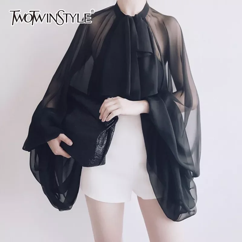 

TWOTWINSTYLE Bowknot Chiffon Blouse Shirt Women Lantern Sleeve Tulle Transparent Sexy Tops Large Size 2022 Spring Summer Casual