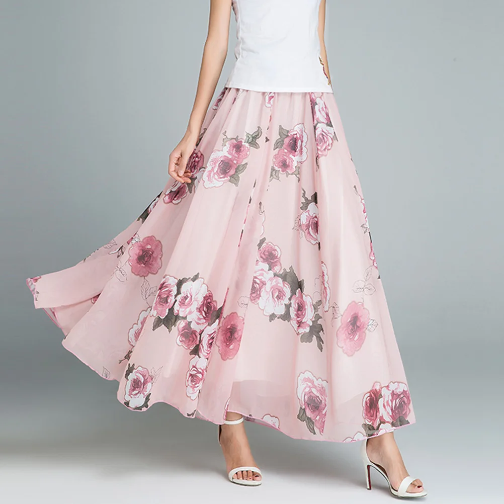 

Skirt Skirts Maxichiffon Floral Summerwomen Beach Ladieslength Pleated Printed Swing Dress Vintage High Waist