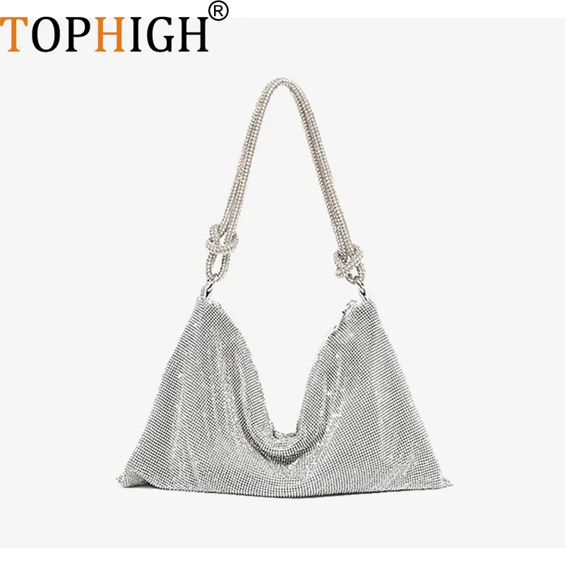 

TOPHIGH Fashion Knot Handle Rhinestones Evening Clutch New Shiny Crystal Dinner Purses Women Luxury Designer Shoulder Bolsa Bag