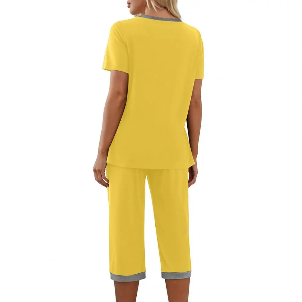 

Contrasting Color Pajama Set Stylish 2-piece Pajama Set V Neck Contrast Color Loose Fit Elastic Waist Cropped Pants Summer
