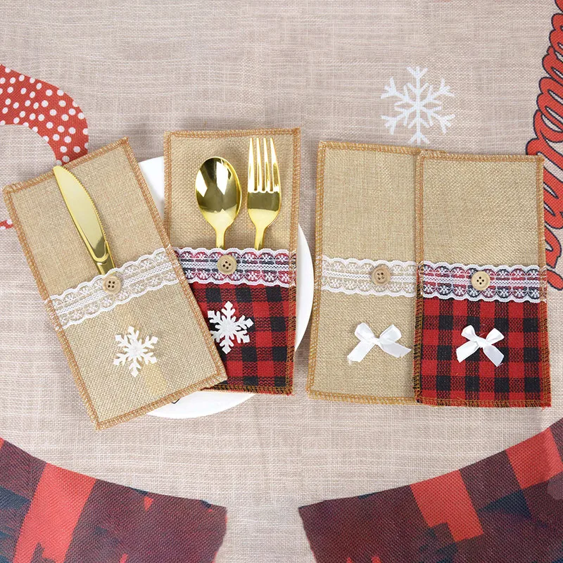 

6PCS Christmas Tableware Cutlery Holders Pockets Tableware Bag Restaurant Hotel Decorative Gingham Linen Christmas Cutlery Set