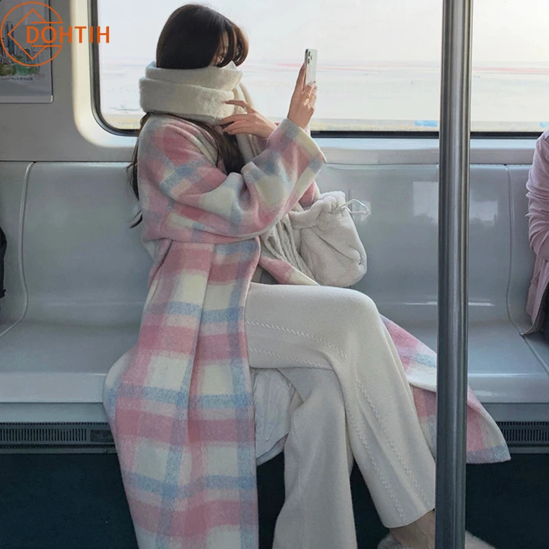 Women's Heavyweight Rainbow Woollen Coats Sweet Office Lady Casual Jackets Women Korean Long Coat Female Warm Outover Coat Tops