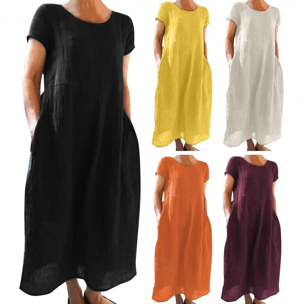Women Dress Loose-fitting Round Neck Short Sleeves Machine Washable Decorative Cotton Flax Crew Neck Women Pullover Dress