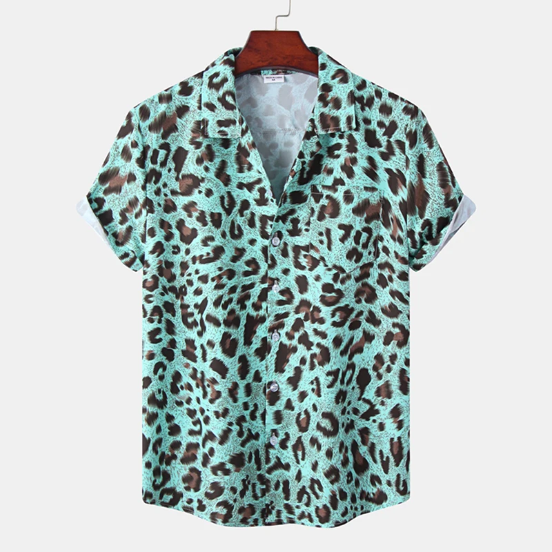 Sexy Leopard Print Mens Hawaiian Shirt 2023 Summer New Short Seleeve Quick Dry Beach Shirts Men Holiday Aloha Rock Party Shirt