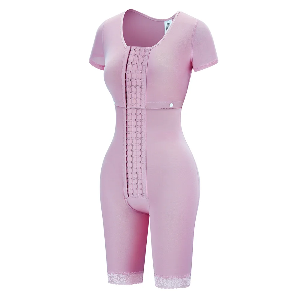 Women Tummy Control Fajas Full Body Shaper 4 Hooks Front Postpartum Bodysuit Waist Trainer Body Shape Medium Sleeves