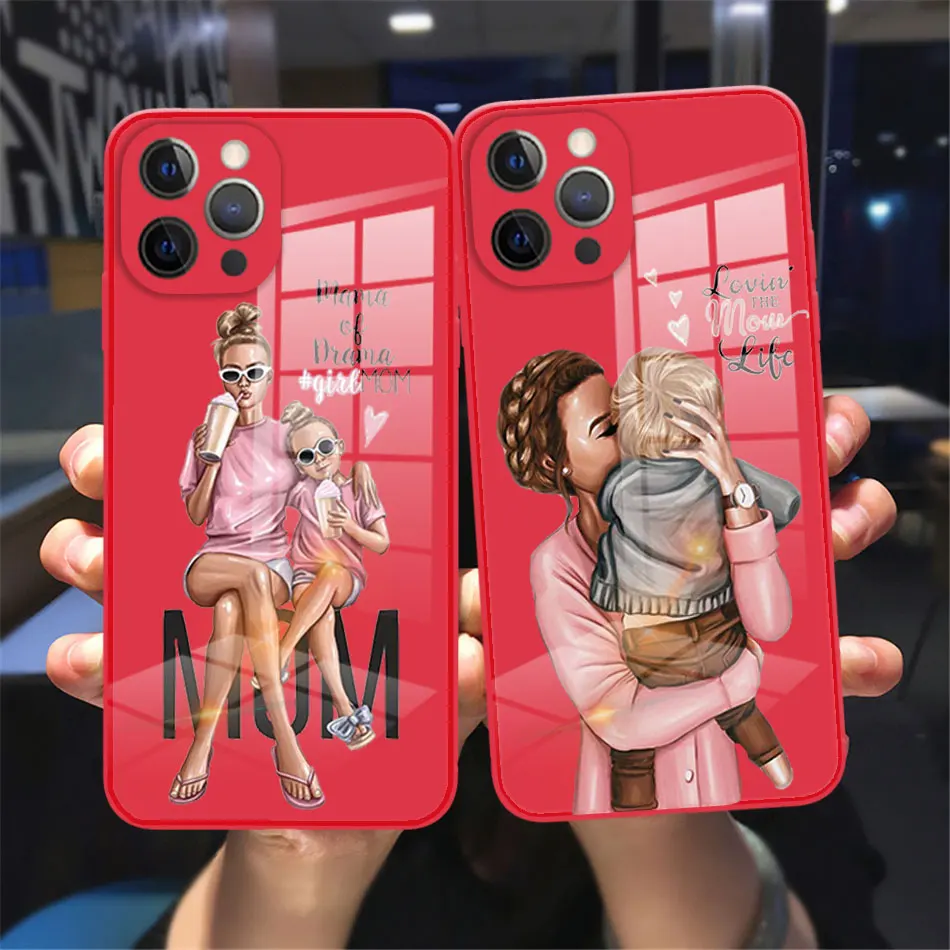

Fashion beautiful girl Phone Case For iPhone 11 12 13 Pro Max 12 13 Mini Luxury Red Super mom Tempered Glass reflective case