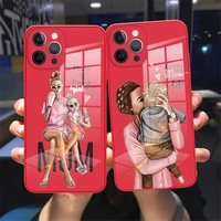 fashion beautiful girl phone case for iphone 11 12 13 pro max 12 13 mini luxury red super mom tempered glass reflective case