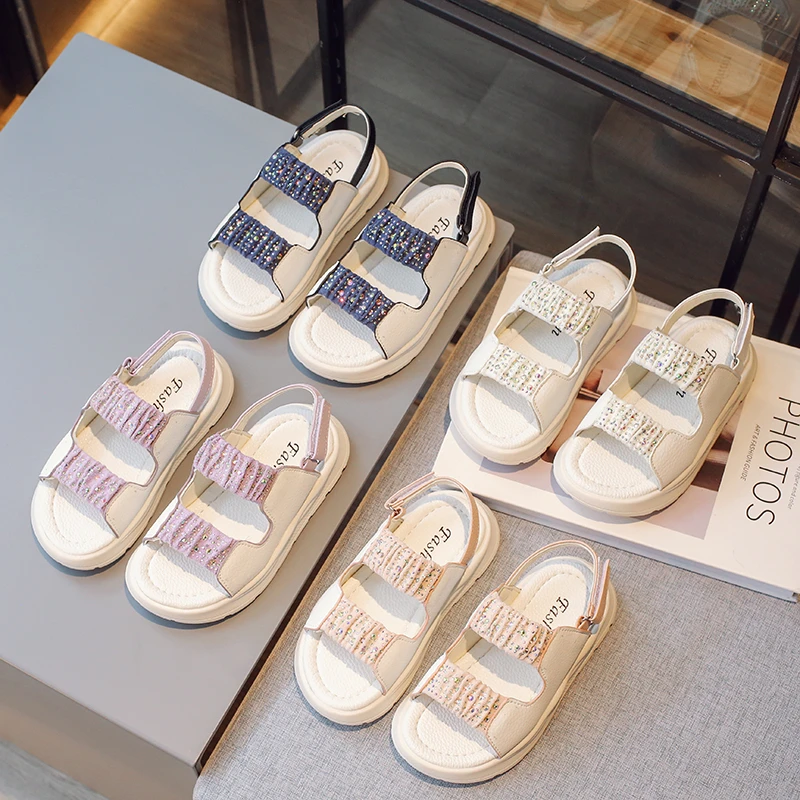 

Girls Sport Sandals Open-toe Breatheable Simple Children Summer Beach Shoes Non-slip Fashion Kids Pleated Princess Sandals