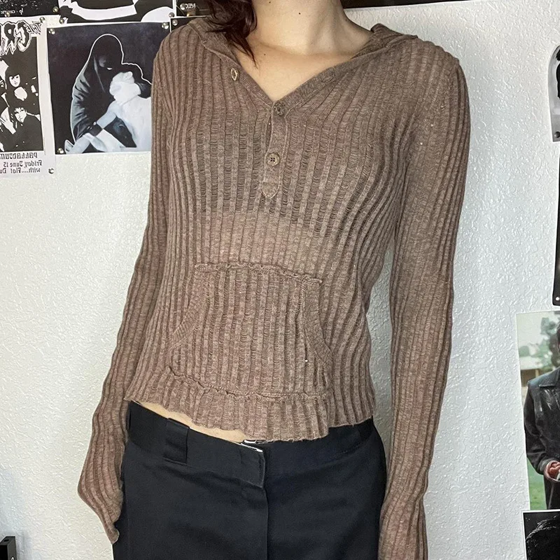 

Футболка женская тонкая трикотажная с капюшоном, на пуговицах, Y2k