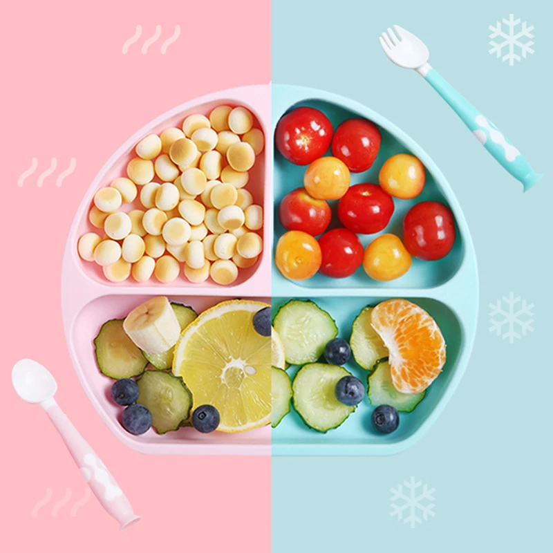 

Baby Food Divided Plate Silicone Tableware Set Spoon Fork for Children