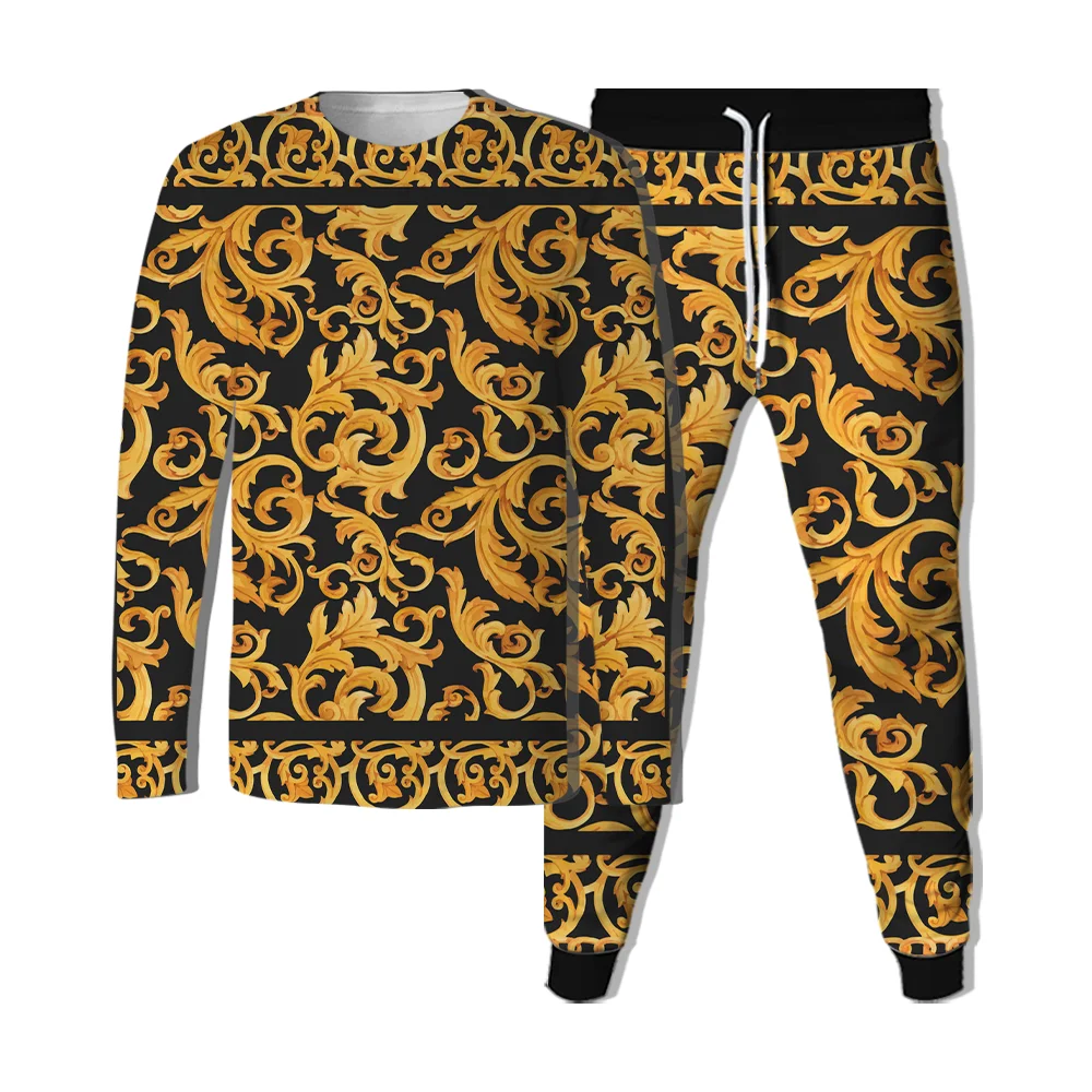

Retro Design Baroque Pattern Sports Sweater Suit Casual Street Wear Unisex Suit Sweater Sweatpants 2Pc Sets Long Sleeve Pullover
