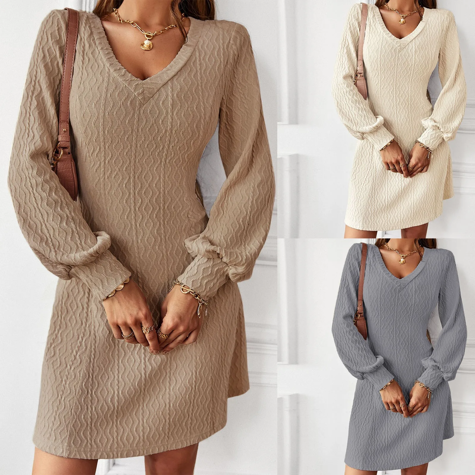 

Элегантное женское плотное теплое свободное платье-свитер, женское осенне-зимнее однотонное длинное вязаное платье с V-образным вырезом и длинным рукавом, женские платья