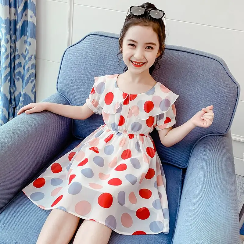 

Girl' Dress 2023 New Summer Children's Korean Fashion Chiffon Princess Dress Girls Summer Dress Polka Dot Casual Dresses 6 Years