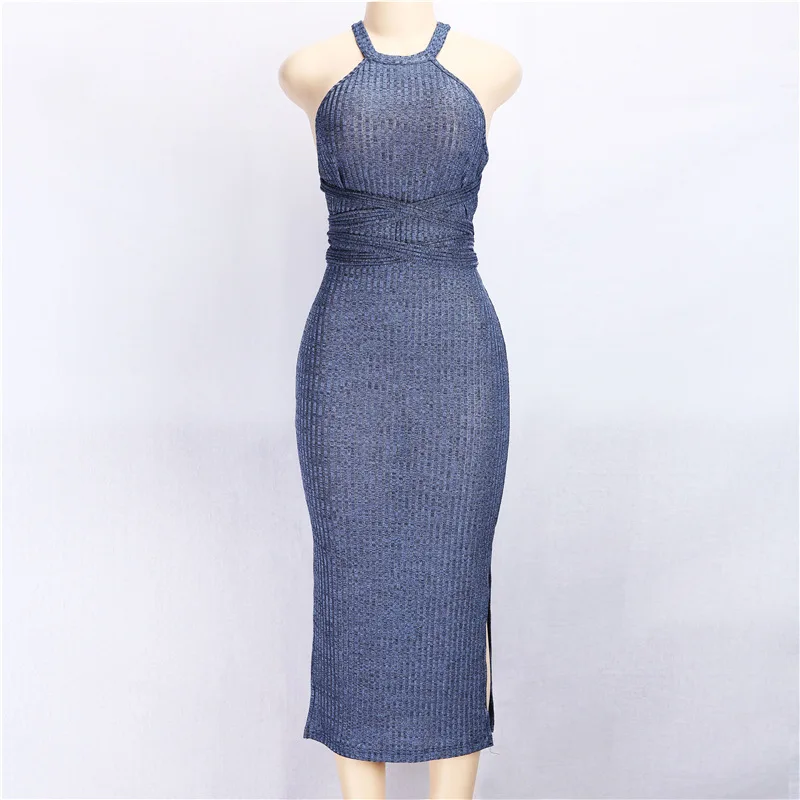 

Women's Autumn Side Slit Halter Solid Sling Bag Hip Dress Jacket Elegant Mid-length Elegant Knit Halter Neck Belt Halter Dress
