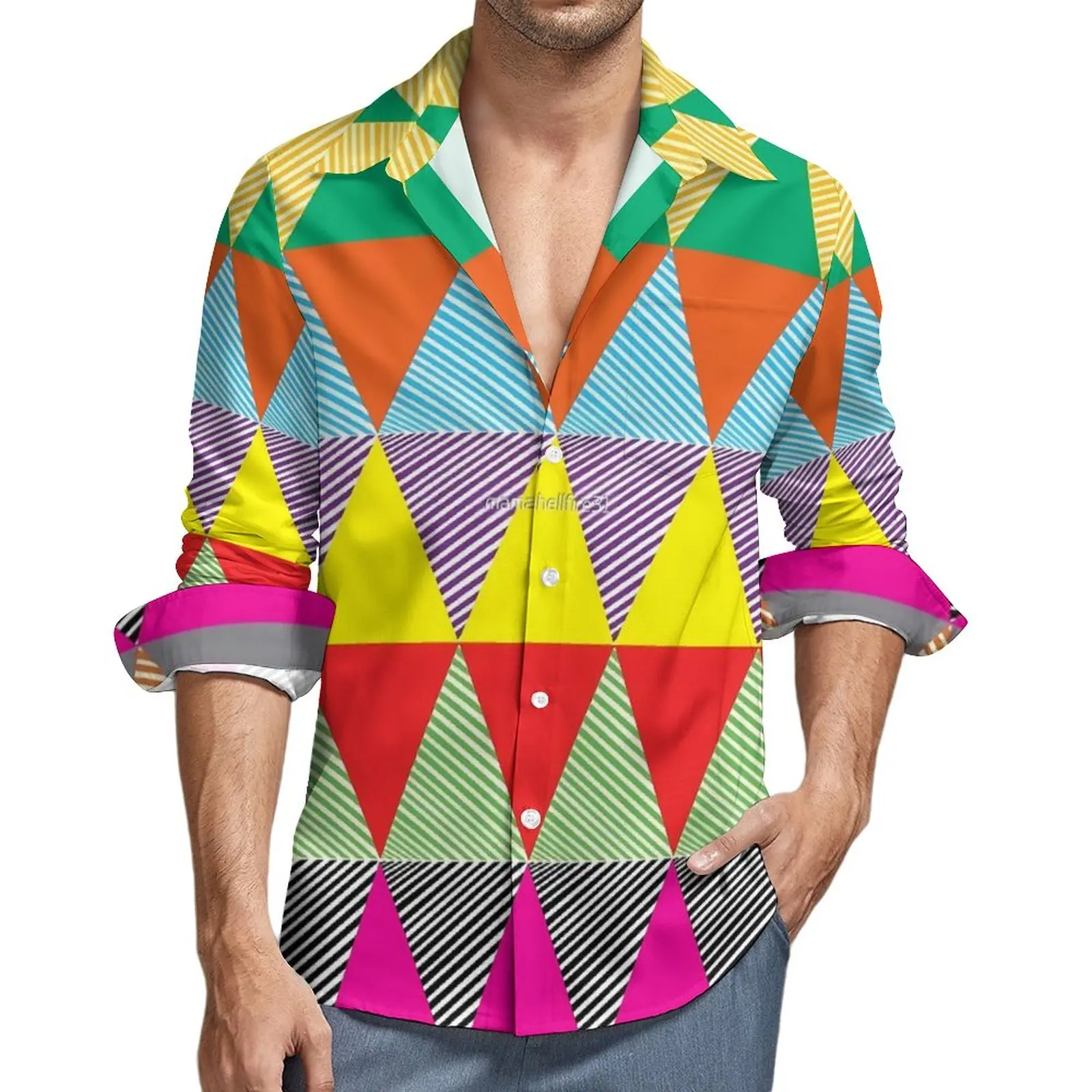 

Повседневная рубашка в уличном стиле для мужчин, цветная рубашка с бриллиантами, модная блузка с длинным рукавом, одежда с графическим принтом, большие размеры, осень