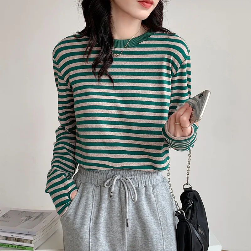 Korea Cotton T Shirt Women Autumn T-Shirt Woman Casual Top Tee Female Green Black Striped Long Sleeve Tshirt Basic Winter