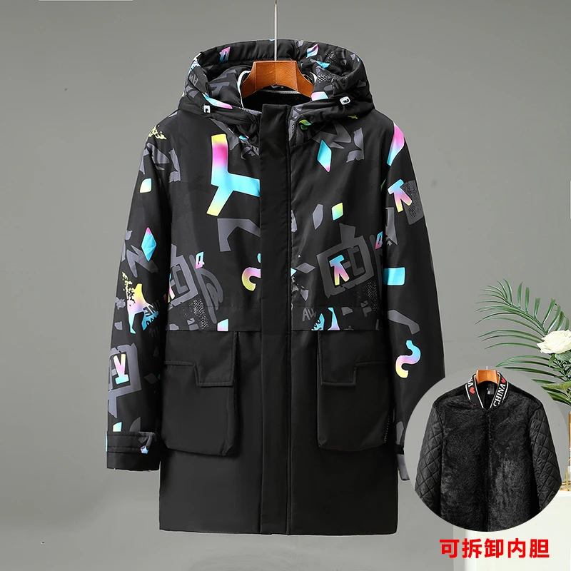 180KG Men Parka Winter Plush Liner Loose Jacket Men Plus Size 12XL 11XL 10XL Fashion Thickened Three Piece Print Coat Outerwear