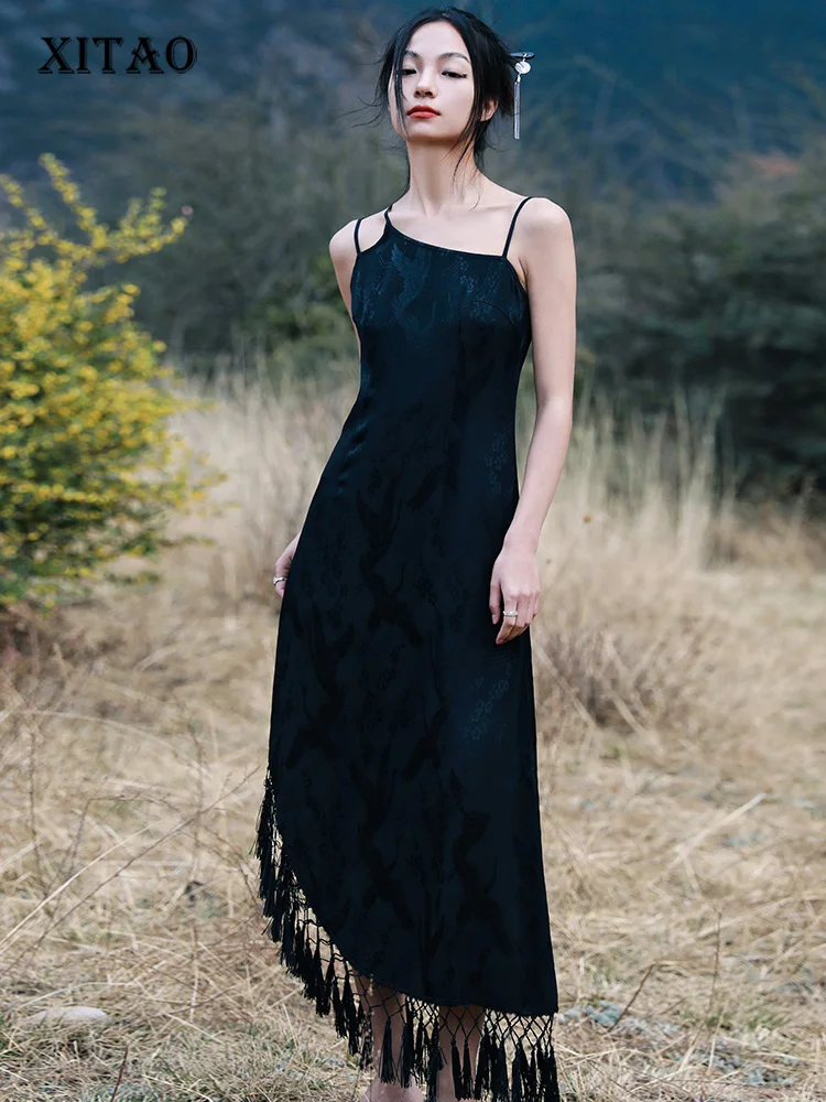 

XITAO Black Vintage Jacquard Slip Dress Fashion Casual Asymmetrical Tassel Long Temperament Minority New Arrival Women WLD8286